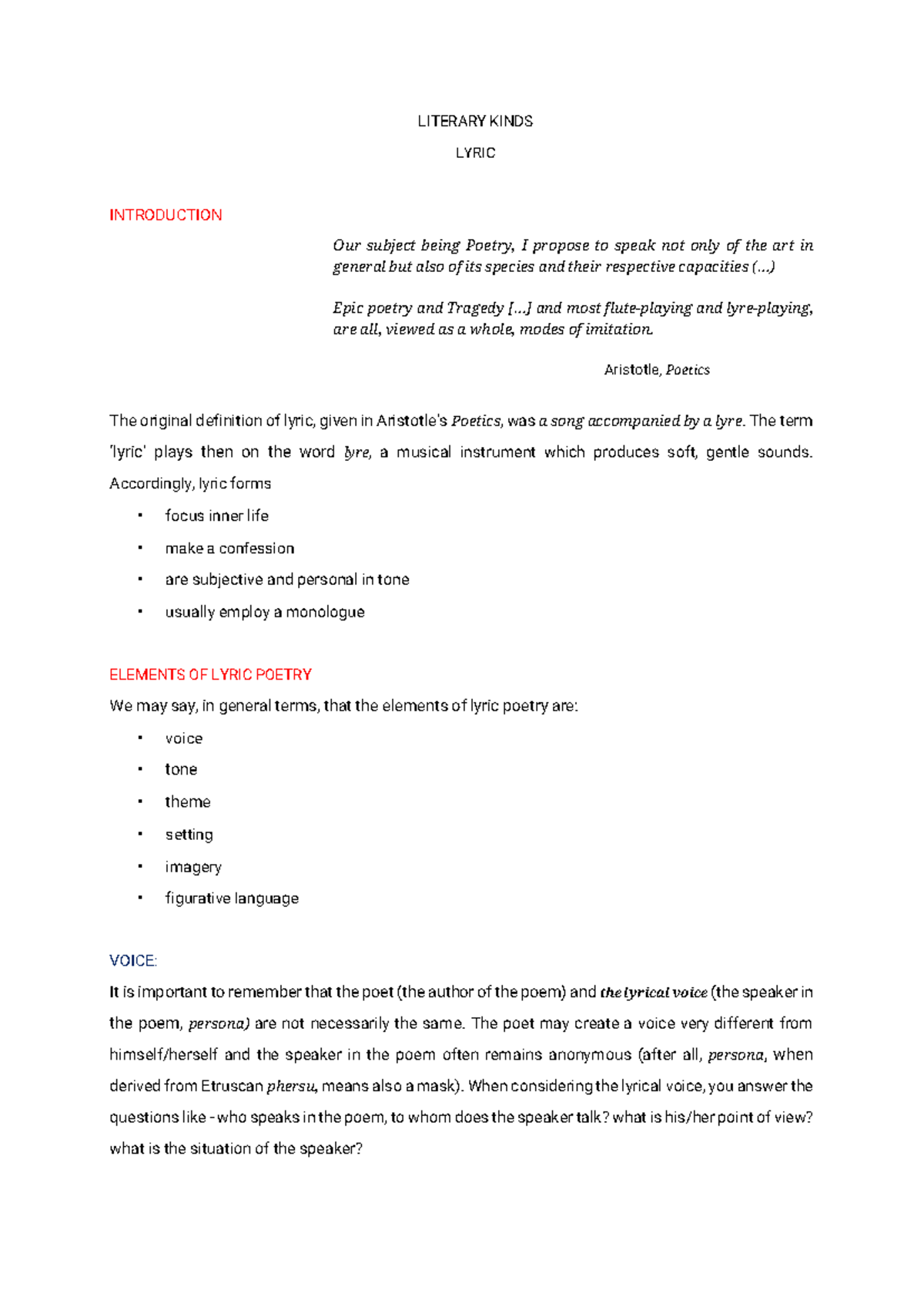 Lyric Poetry: Elements and Forms - Studocu