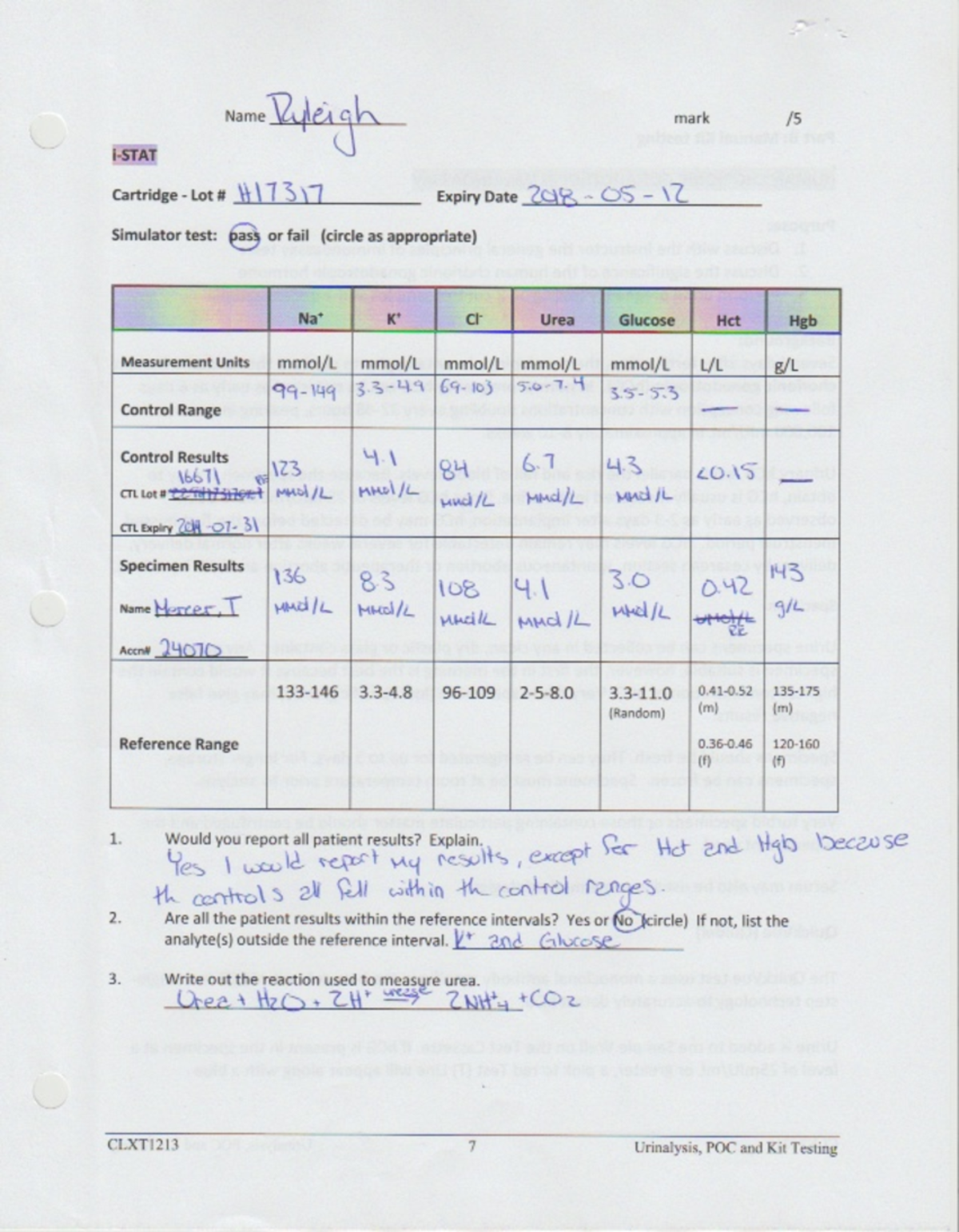 Lab #2 - Clinical Chemistry and urinalysis completed lab worksheets ...
