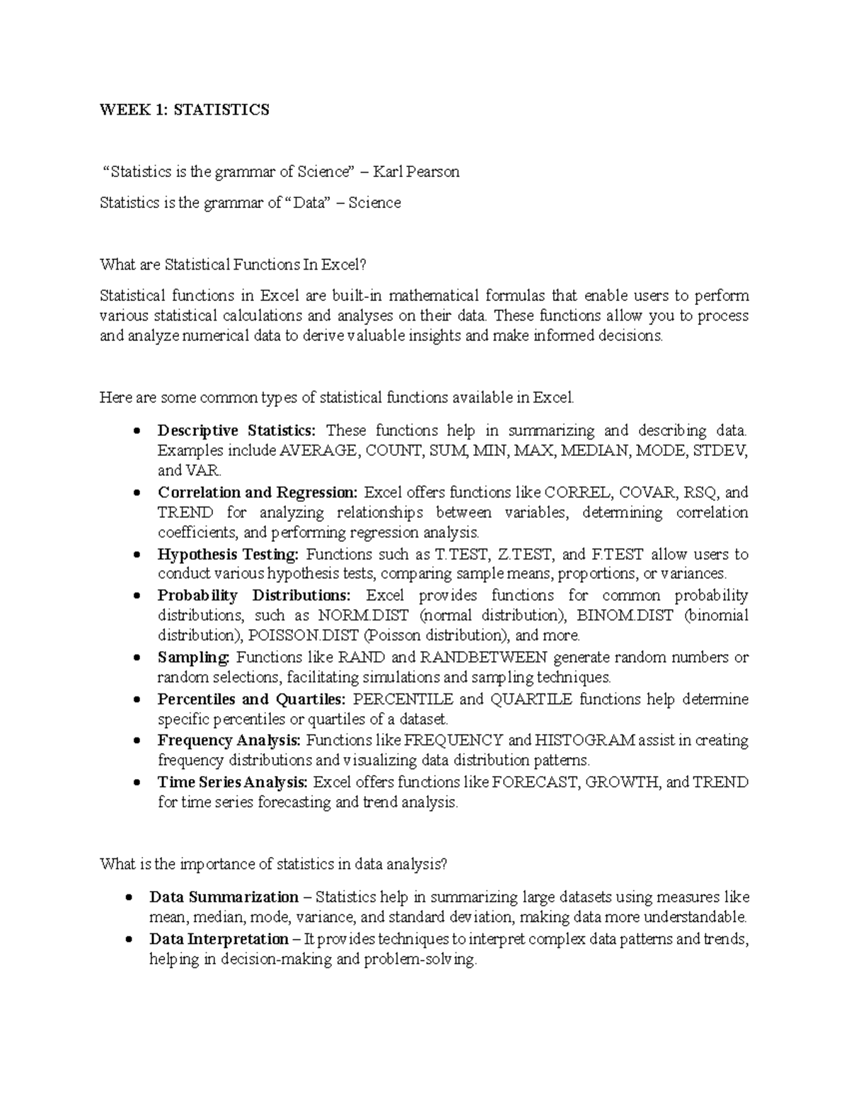 Stats 101: Midterm Exam Notes on Statistical Functions in Excel - Studocu