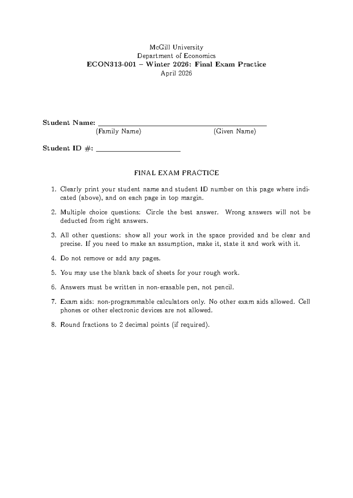 Econ313 W2026: Final Exam Practice Questions and Solutions - Studocu