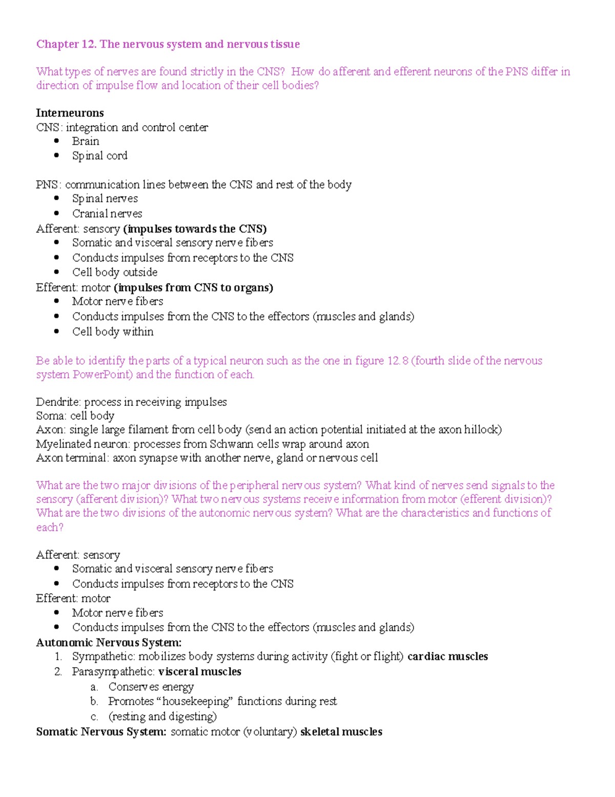 Nervous System Study Guide - Chapter 12 (CNS & PNS Overview) - Studocu