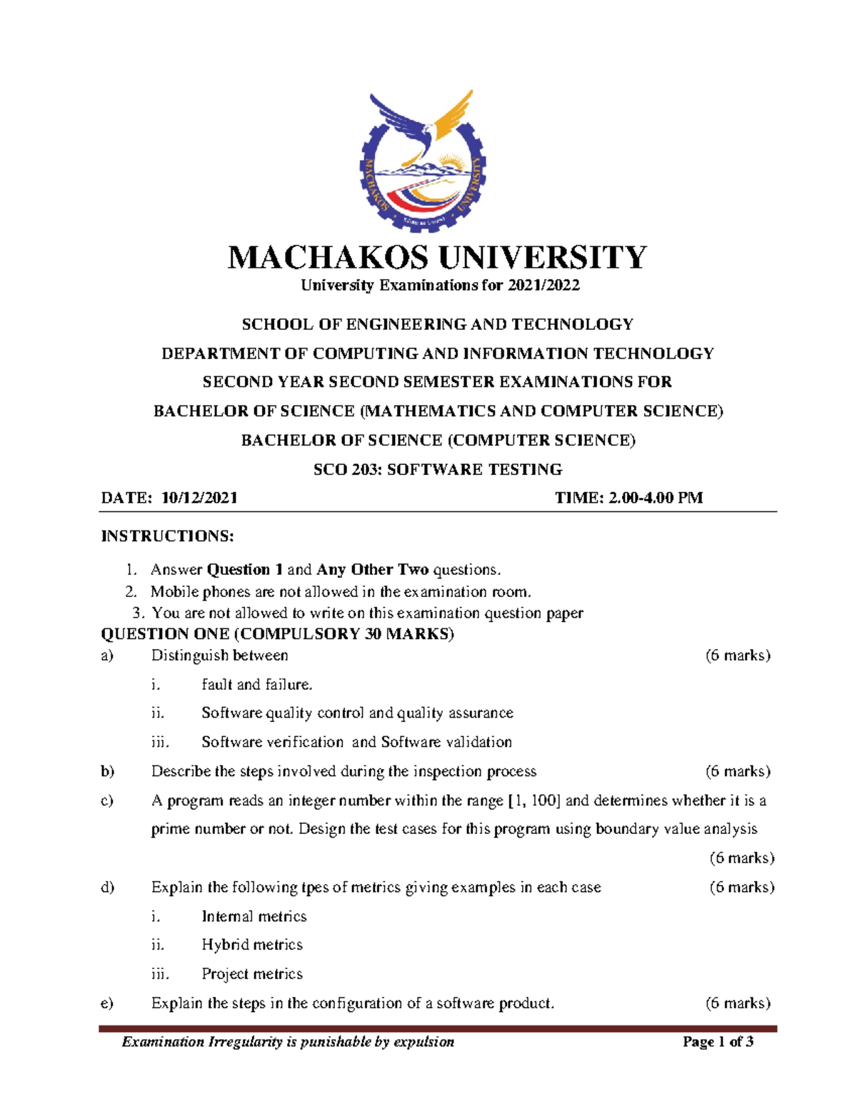 SCO 203: Software Testing Exam Paper - Machakos University - Studocu