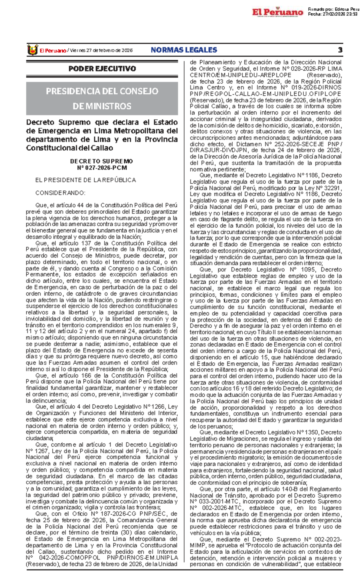 Decreto Supremo sobre el Estado de Emergencia en Lima y Callao - 28FEB ...