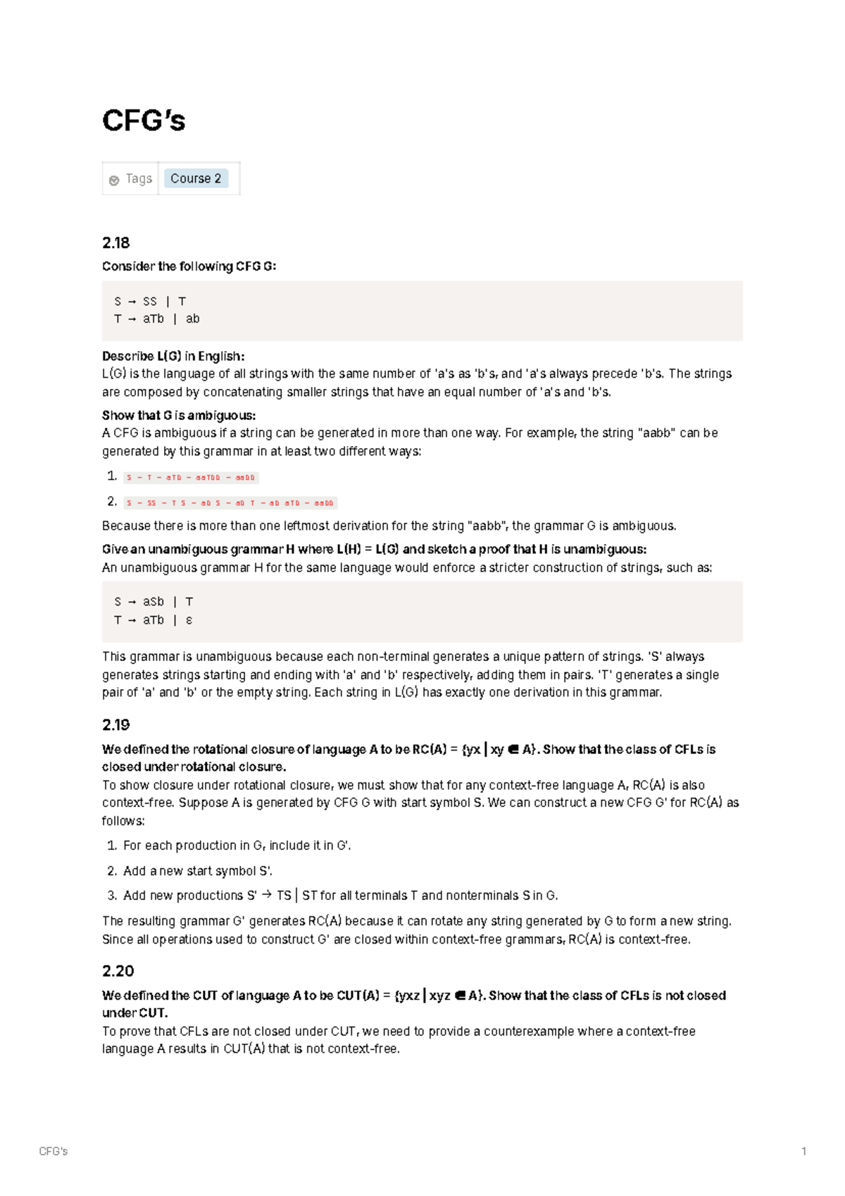 CFGs - Course 2: Language and Ambiguity Analysis - Studocu