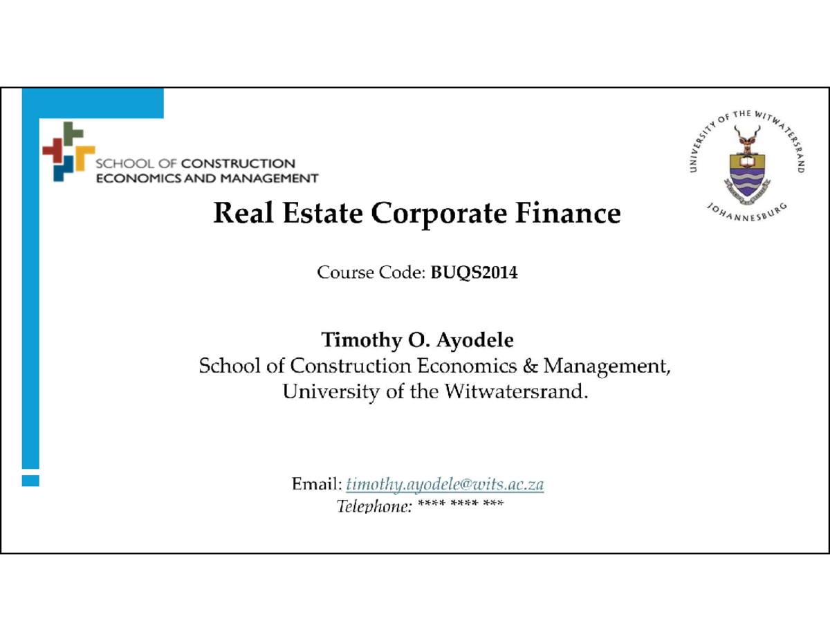 BUQS2014 Lecture 1: Intro to Corporate Finance Concepts and Principles ...
