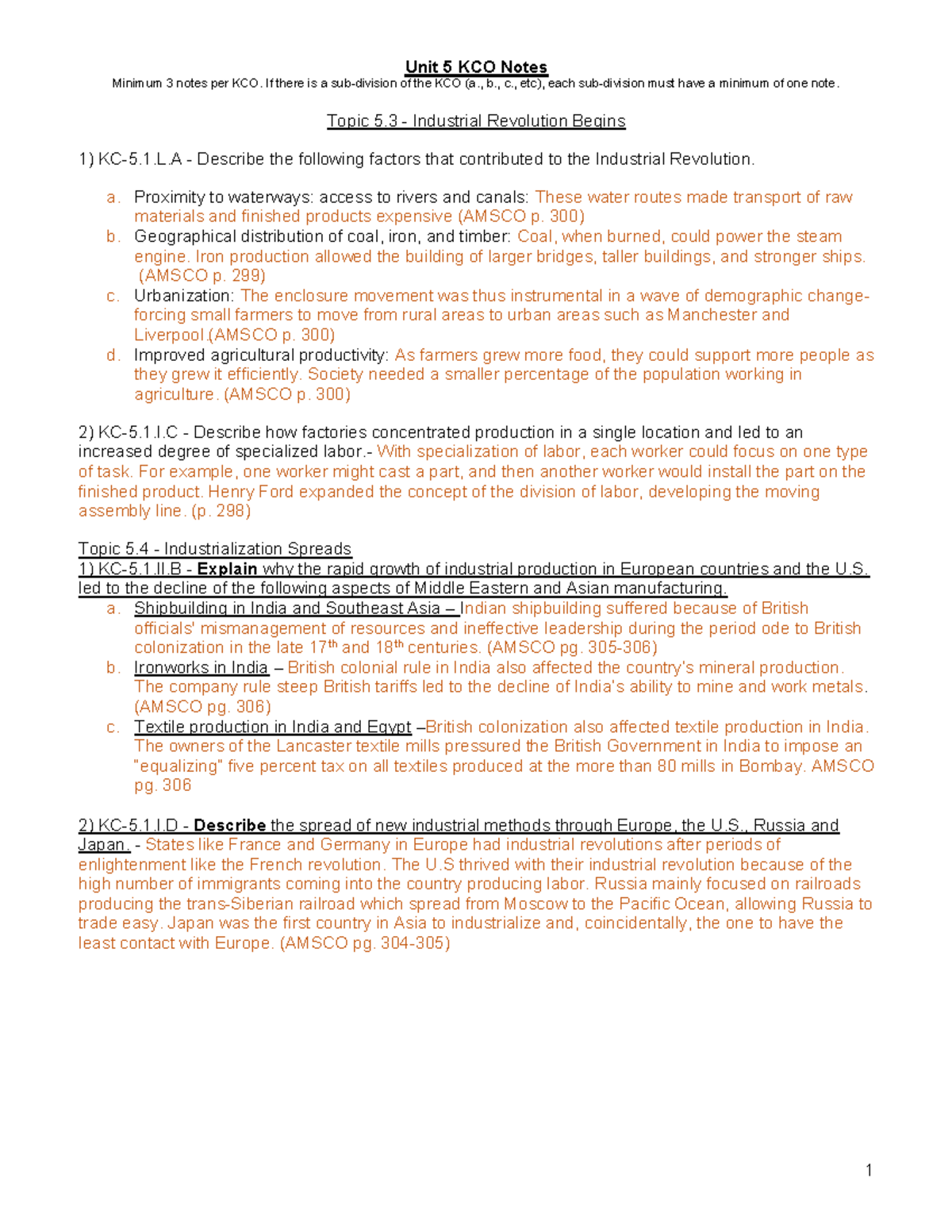 Unit 5.3 & 5.4 KCO Notes: Key Concepts of the Industrial Revolution ...