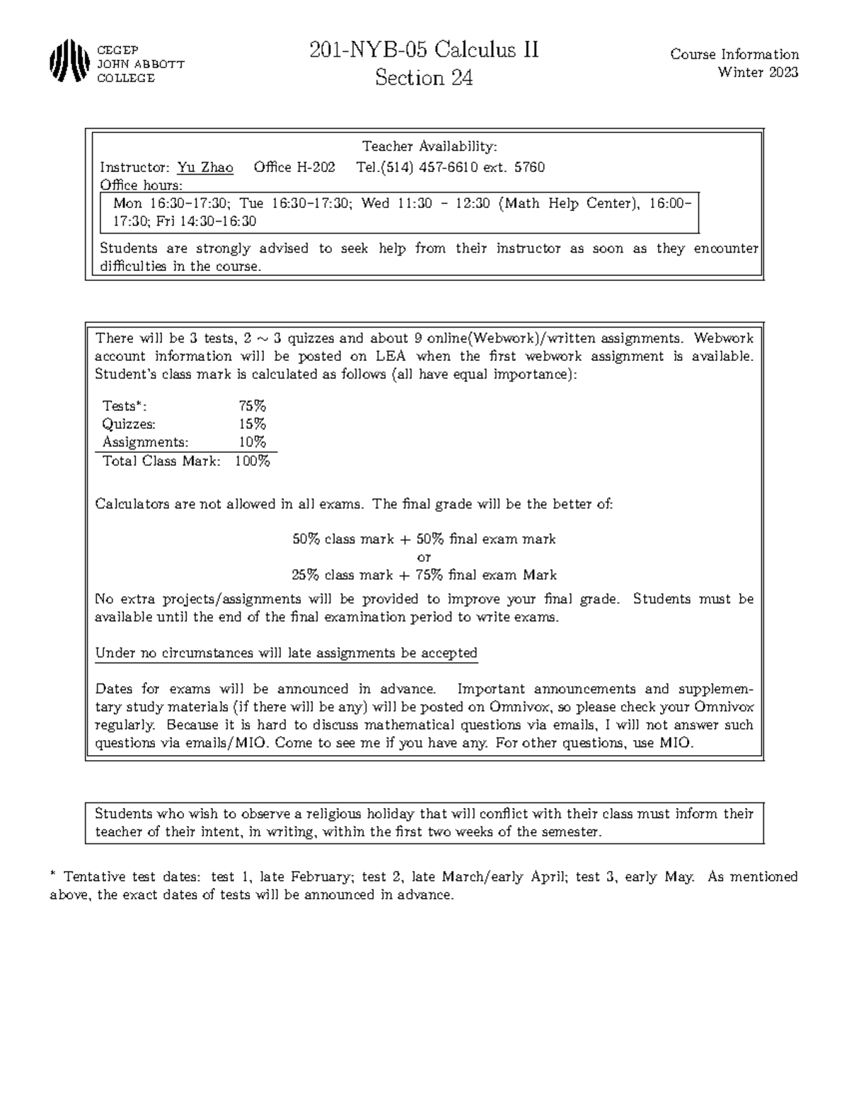 Calculus II (201-NYB) Course Outline - Winter 2023 - Studocu