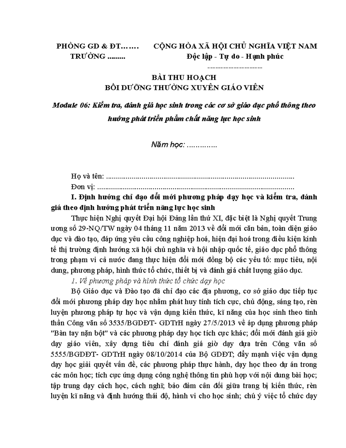 Bài thu hoạch Module 06 - Đổi mới phương pháp dạy học giáo viên - Studocu