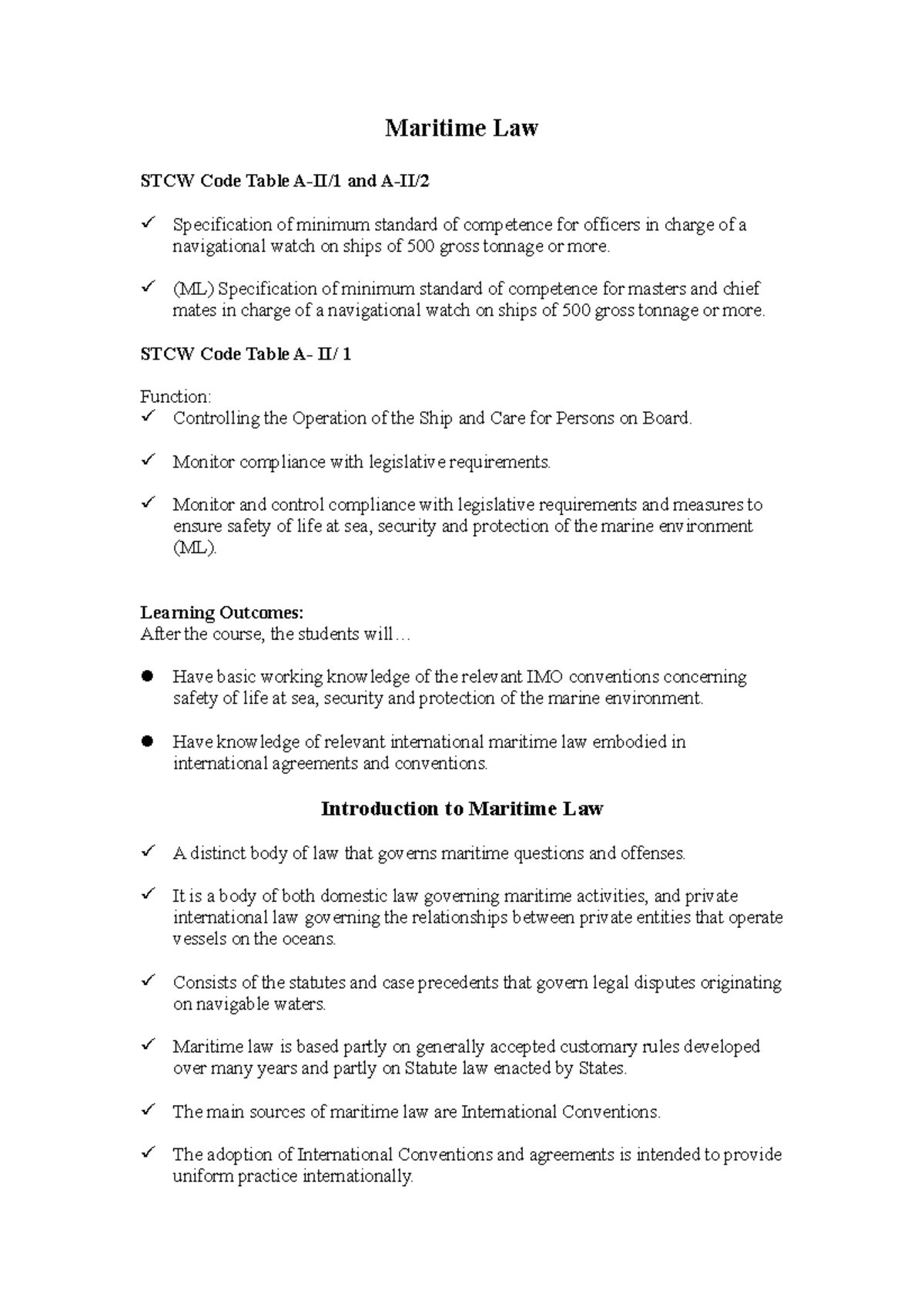Introduction to Maritime Law - Maritime Law STCW Code Table A-II/1 and ...