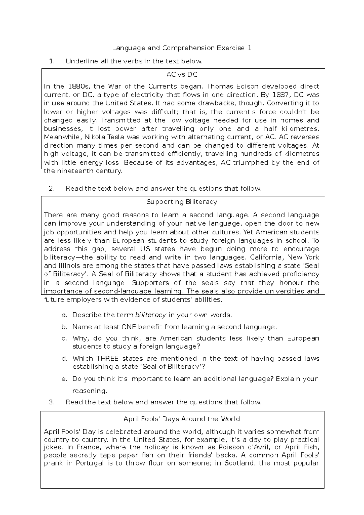 Language Exercise 1 - Language and Comprehension Exercise 1 Underline ...