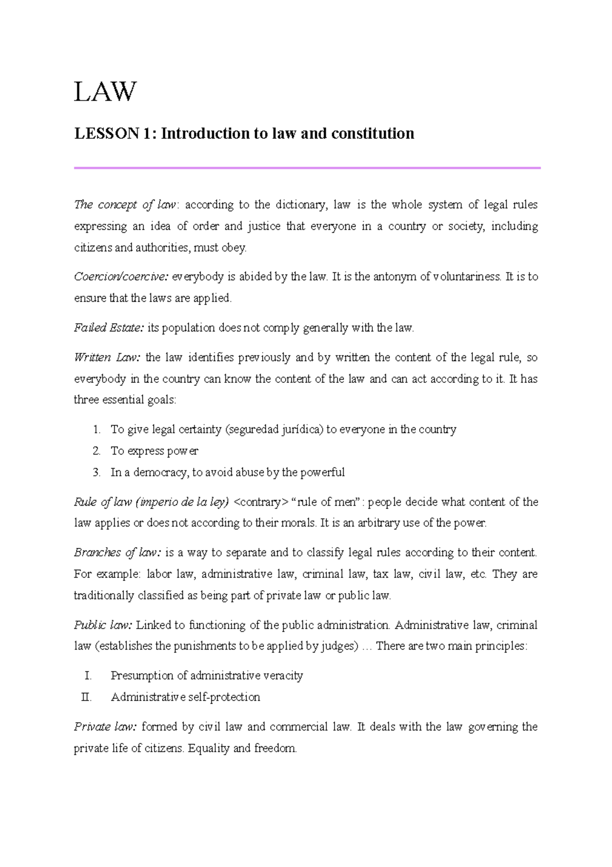 LAW 101 - Lesson 1 Notes: Introduction to Law and Constitution - Studocu