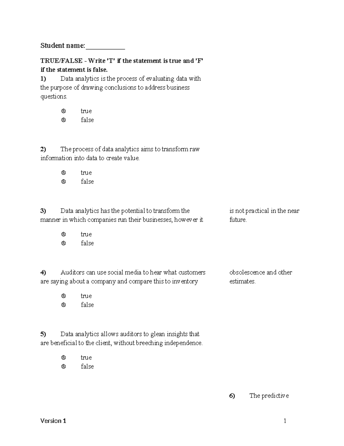2579 Data Analytics True/False Quiz and Answer Key - Studocu