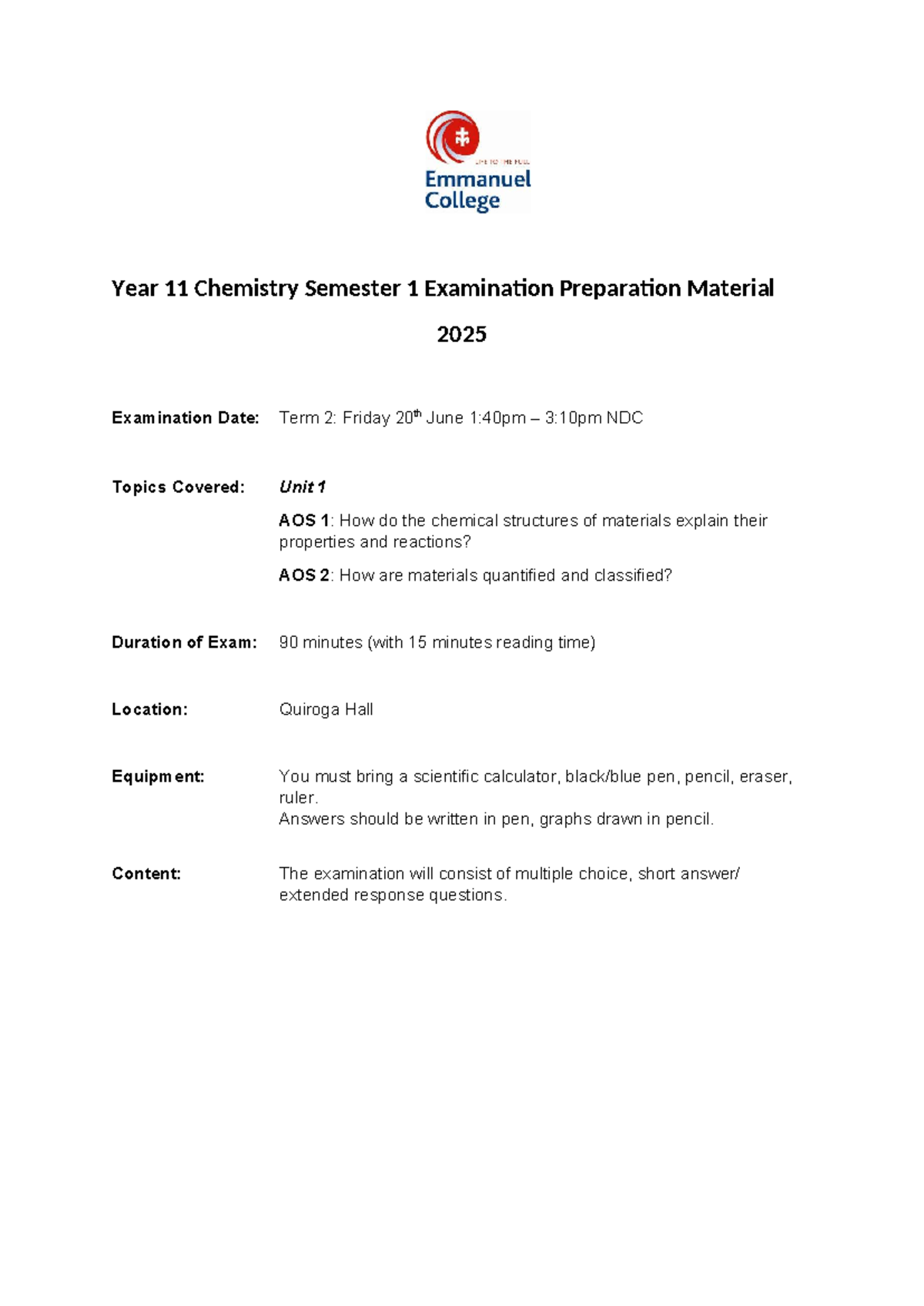 Year 11 Chemistry Exam Revision Pack - Semester 1 2025 - Studocu