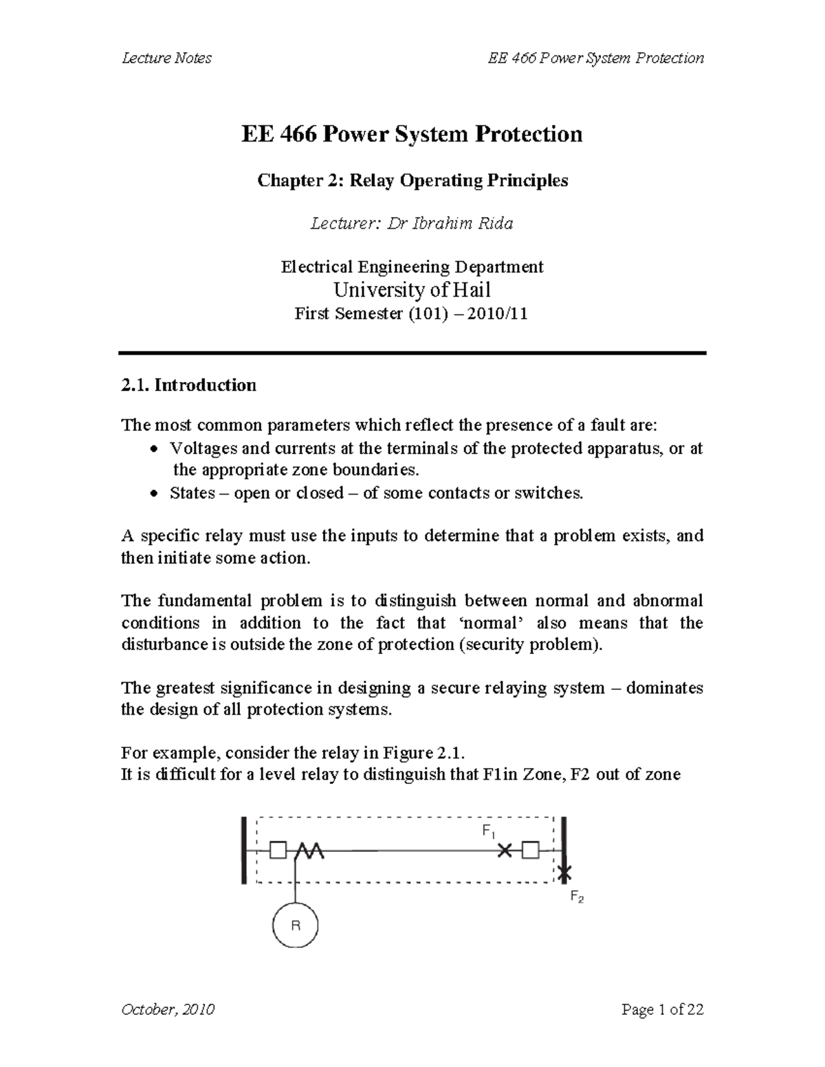 Lecture Notes EE 466: Power System Protection Concepts and Principles ...