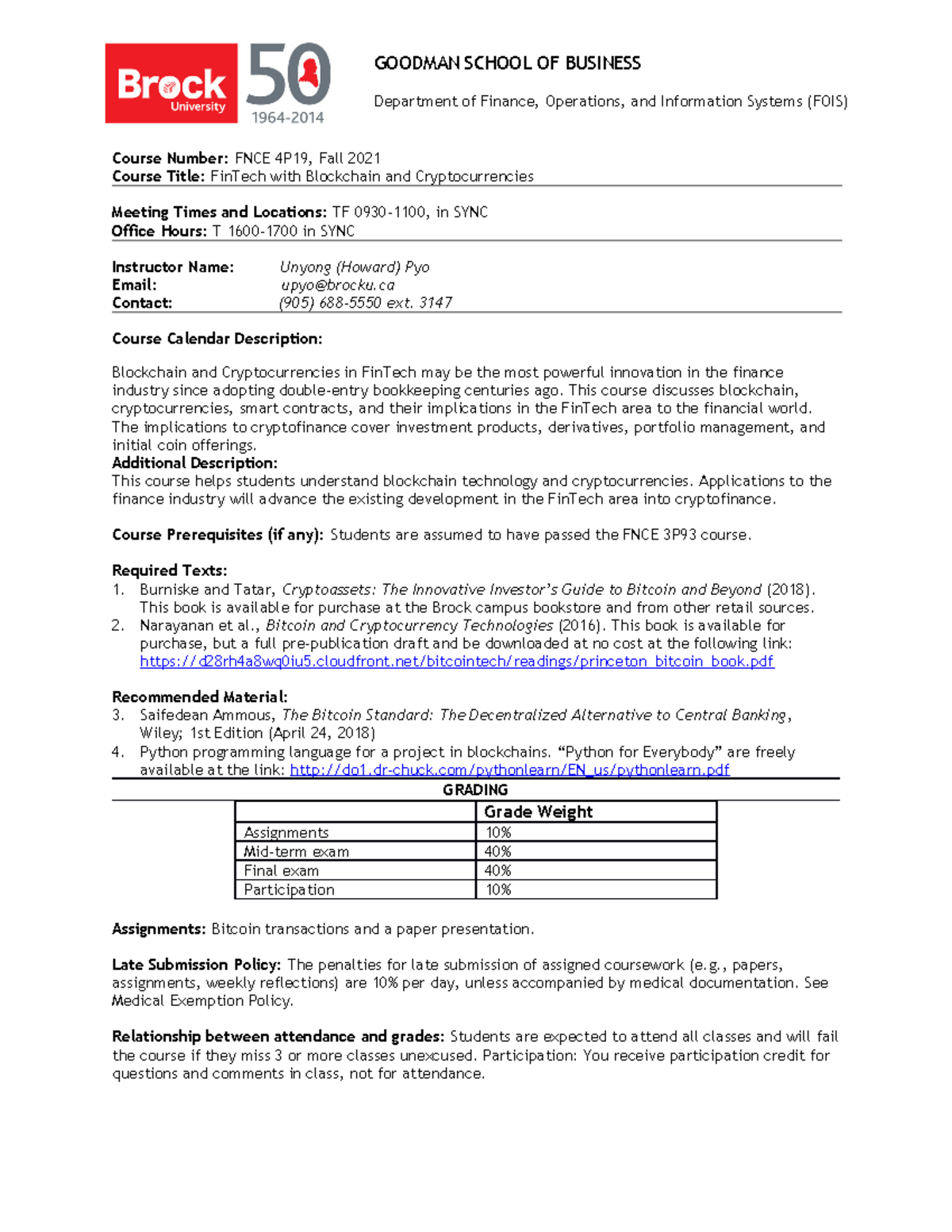 FNCE 4P19 Course Outline: FinTech with Blockchain & Crypto Innovations -  Studocu