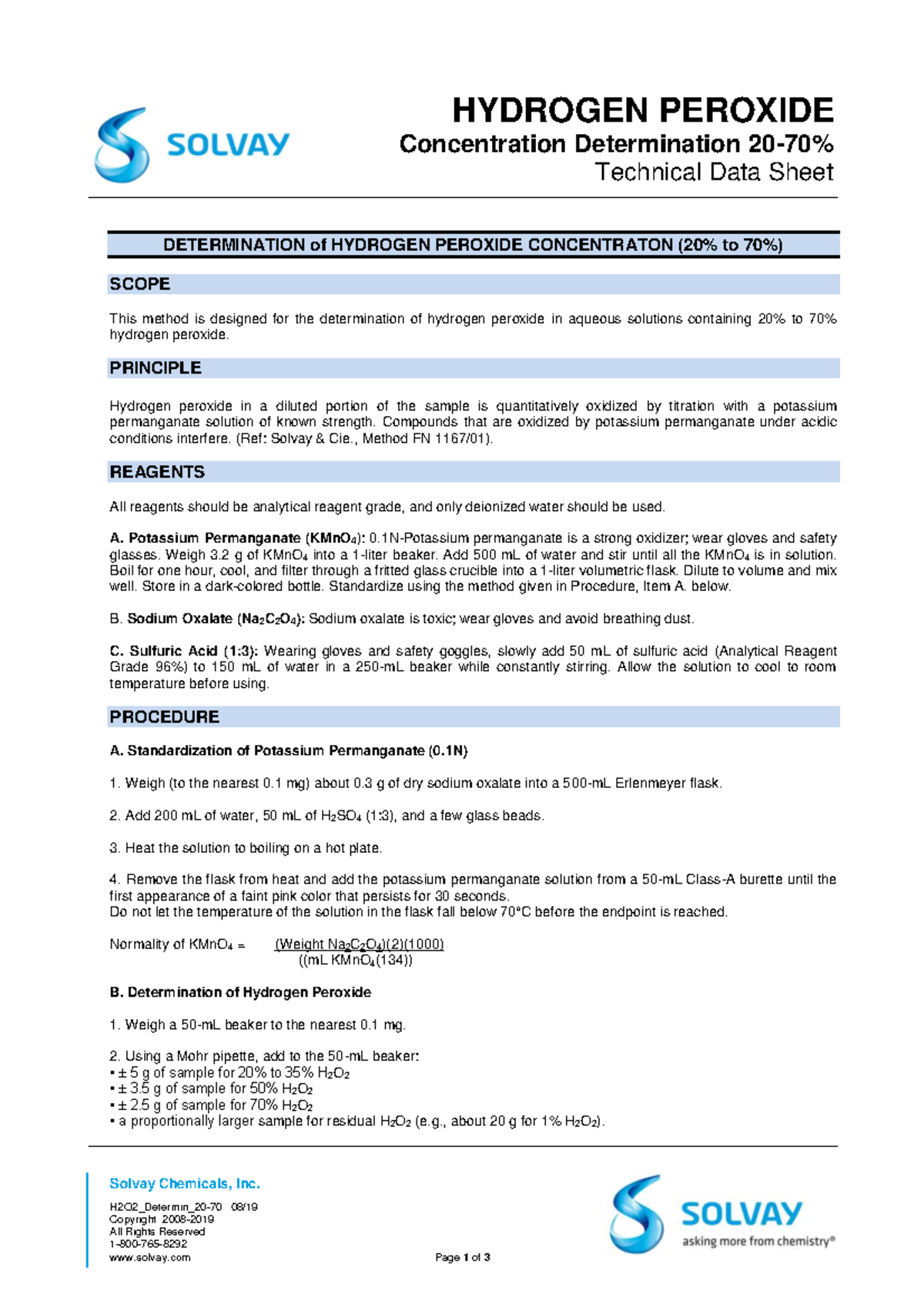 Determination of H2O2 Concentration (20% to 70%) - Technical Data Sheet ...
