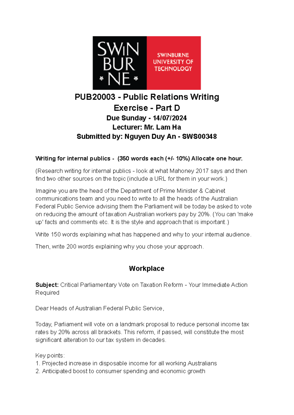 PUB2000 3 - Public Relations Writing - Exercise D - PUB20003 - Public ...