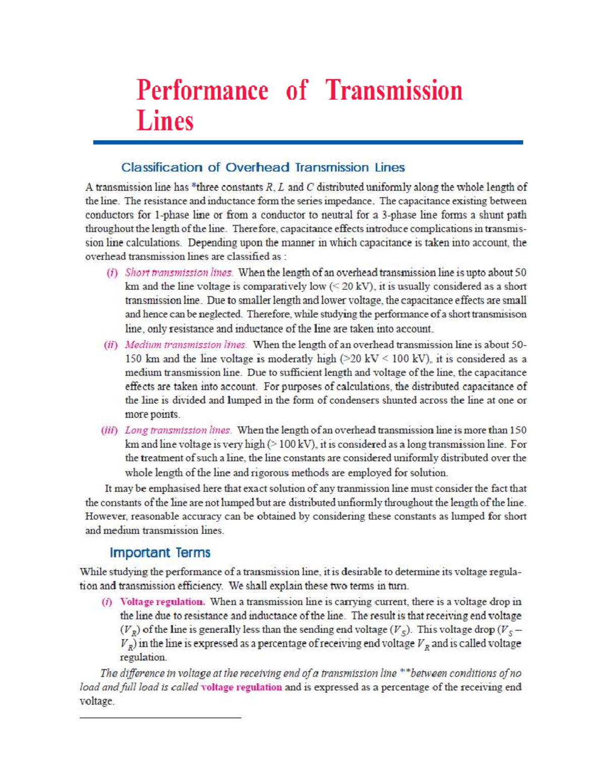 Performance of Transmission Lines: Classification and Analysis of ...