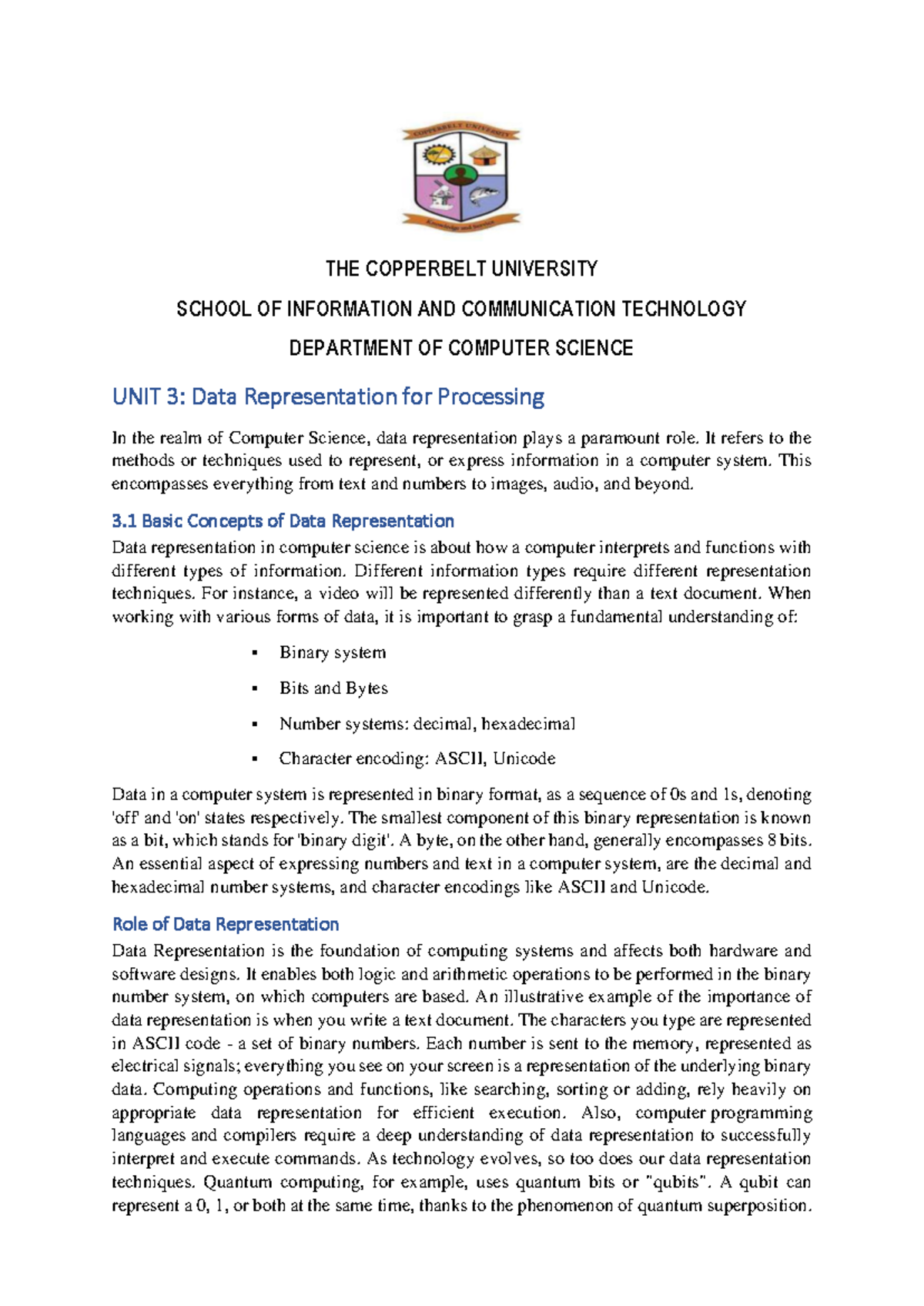 Unit 3 - Understanding Data Representation in Computer Science - Studocu