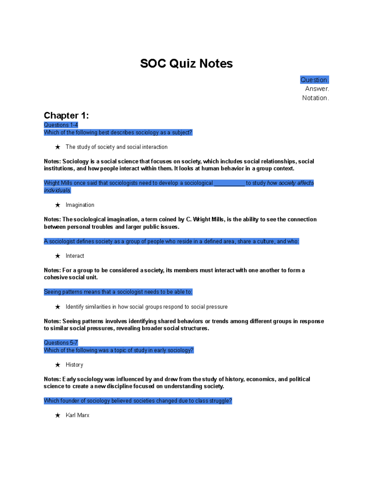 SOC 101 Quiz Notes: Key Concepts and Theories Overview - Studocu