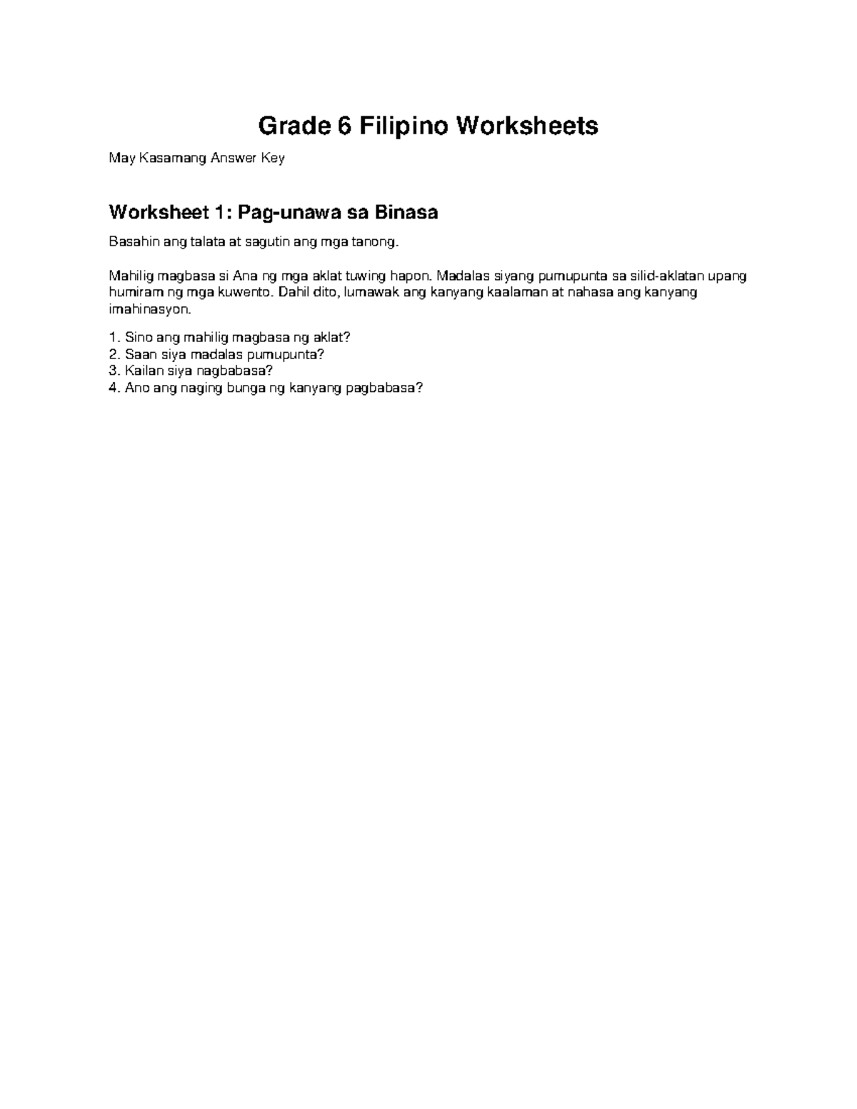 Grade 6 Filipino Worksheets with Answer Key: Reading & Usage Activities