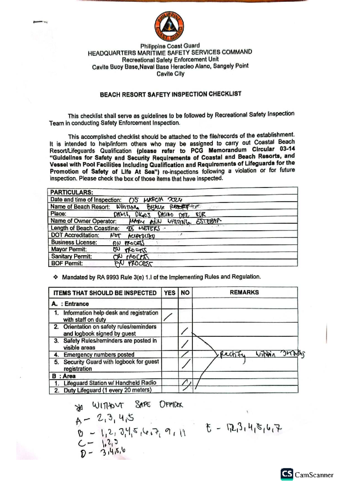PHILIPPINE Coast Guard Safety Inspection Checklist for Whiting Beach ...