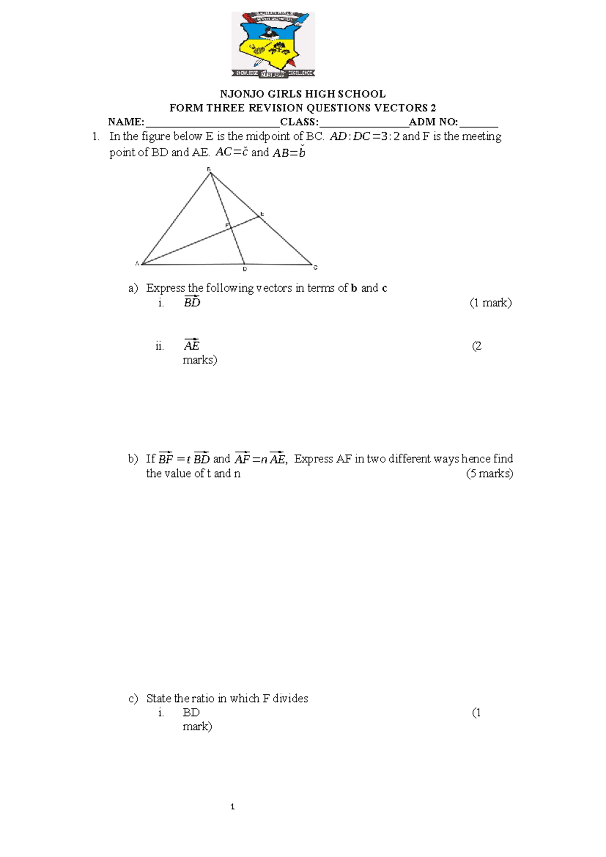 NJONJO GIRLS HIGH SCHOOL FORM THREE REVISION QUESTIONS ON VECTORS 2 ...