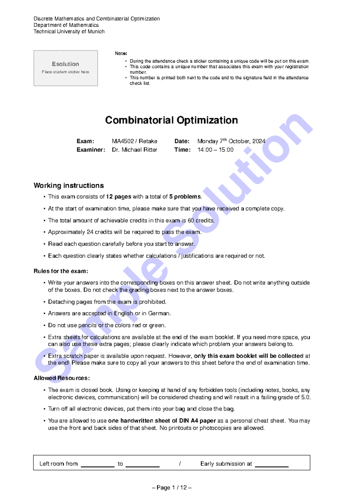 Solution - Retake Exam 2024 - Sample Solution Discrete Mathematics and ...