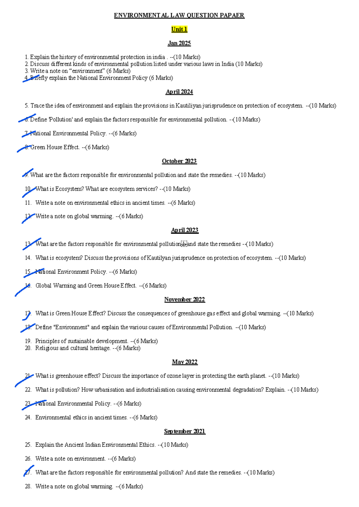 Environmental Law Question Paper (Unit 1 & 2) - Jan 2025 - Studocu