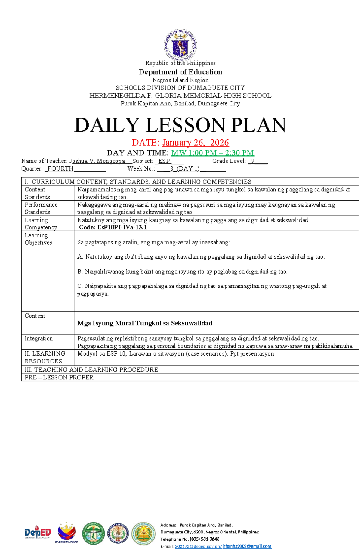 ESP 10 Lesson Plan: Dignity and Sexuality Issues (Week 1, Day 1) - Studocu