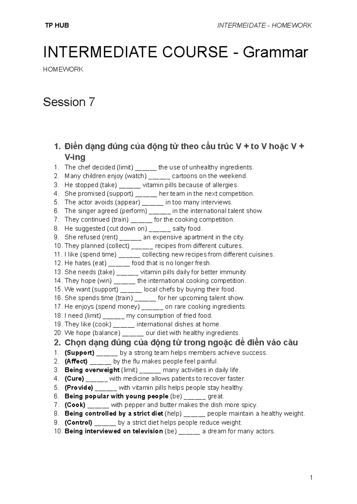 TP HUB - INTERMEDIATE - HOMEWORK SESSION 7: GRAMMAR REVIEW - Studocu