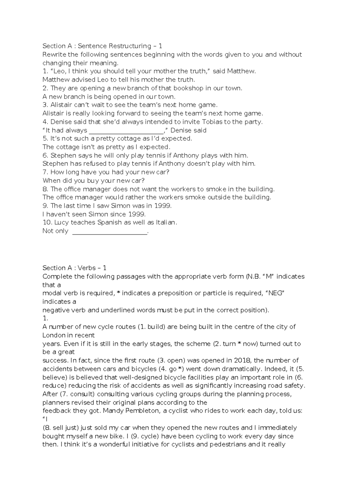 English Exercises: Sentence Restructuring & Verb Forms - Studocu