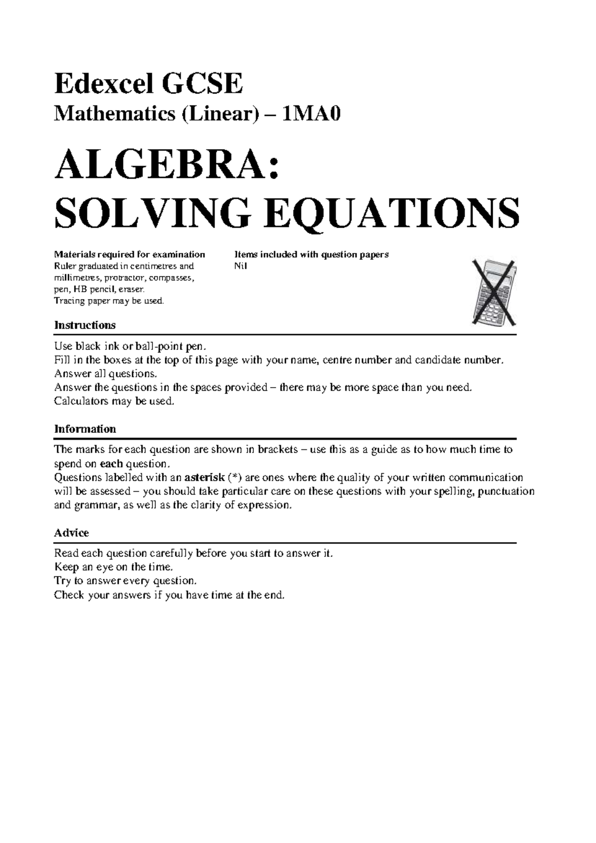 Edexcel GCSE Maths 1MA0 Final Exam: Algebra Solving Equations Guide ...