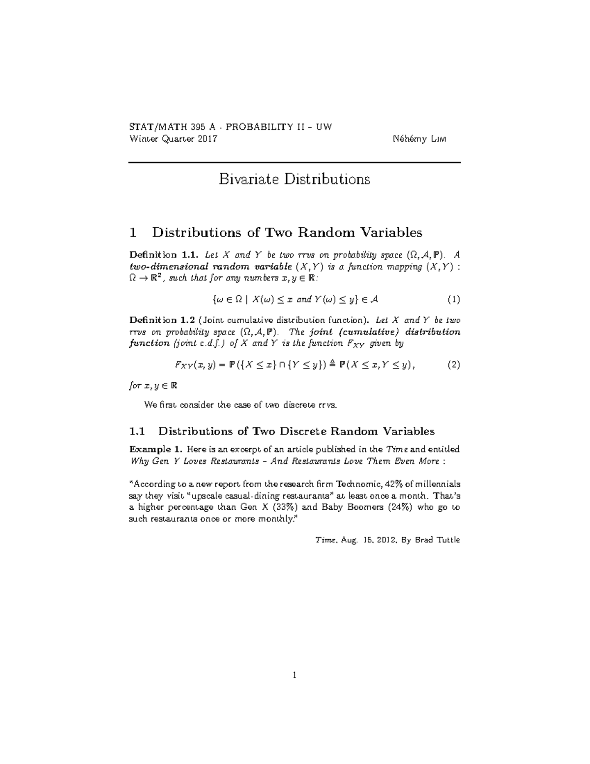 STA 2201 - SPM 2241 Probability and Statistics III (Bivariate ...
