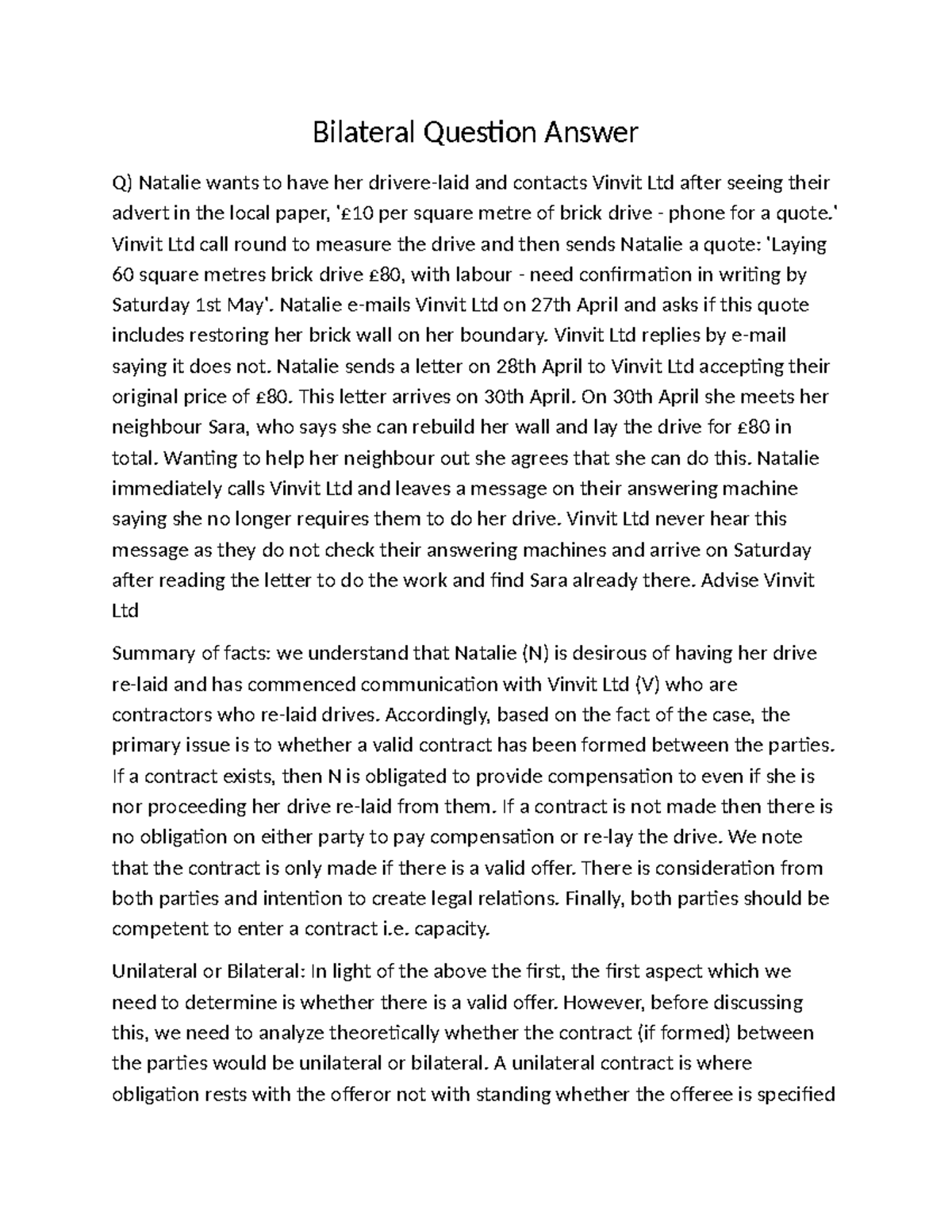 Bilateral Contract Analysis: Natalie vs. Vinvit Ltd - Studocu