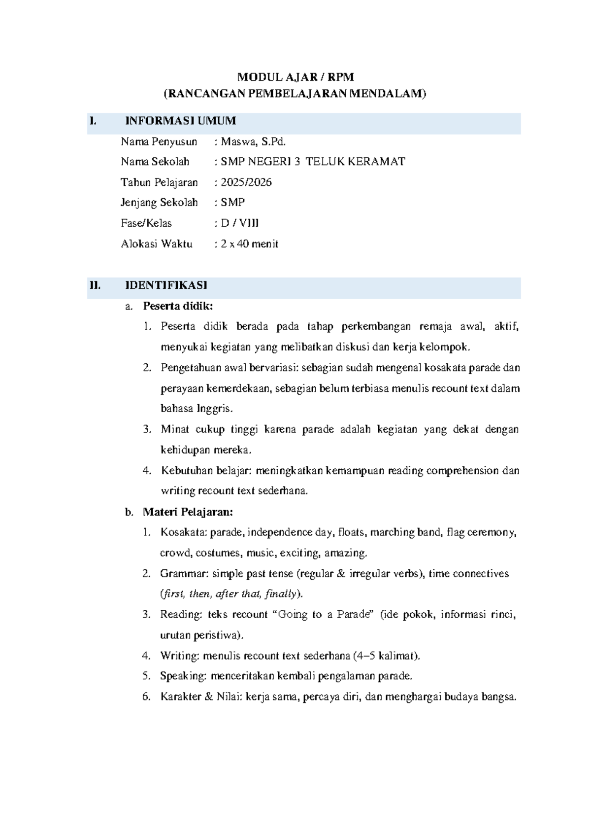 Modul Ajar RPM: Rancangan Pembelajaran Recount Text Parade ...