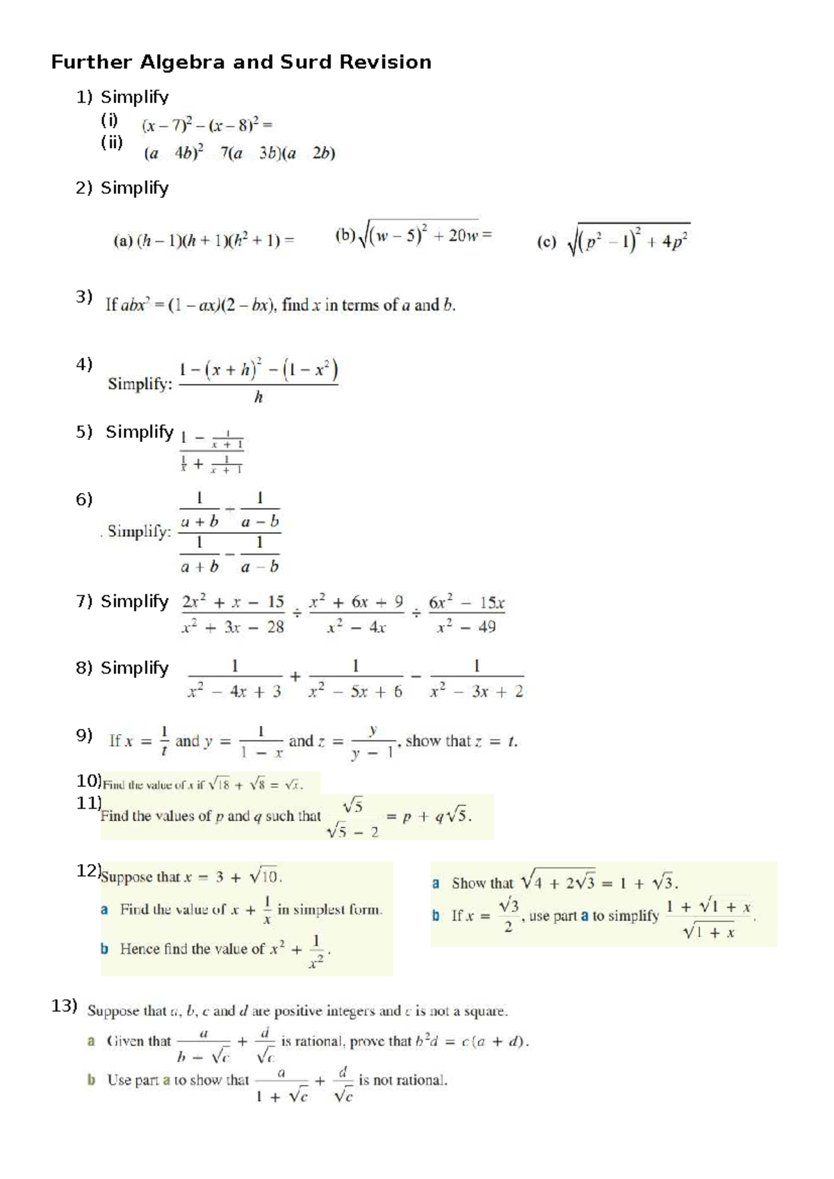 Further Algebra and Surd Revision harder level - Further Algebra and ...