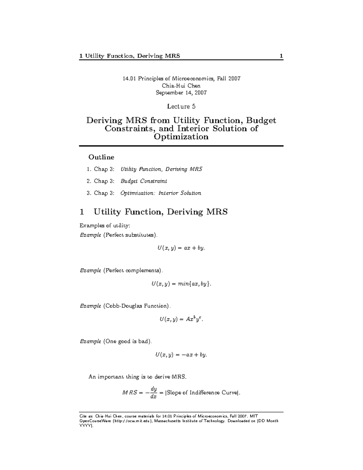 Deriving MRS from Utility Functions & Budget Constraints (14.01) - Studocu