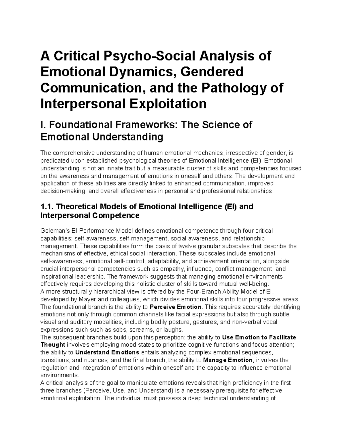 Critical Analysis of Emotional Dynamics and Manipulation I: EI ...