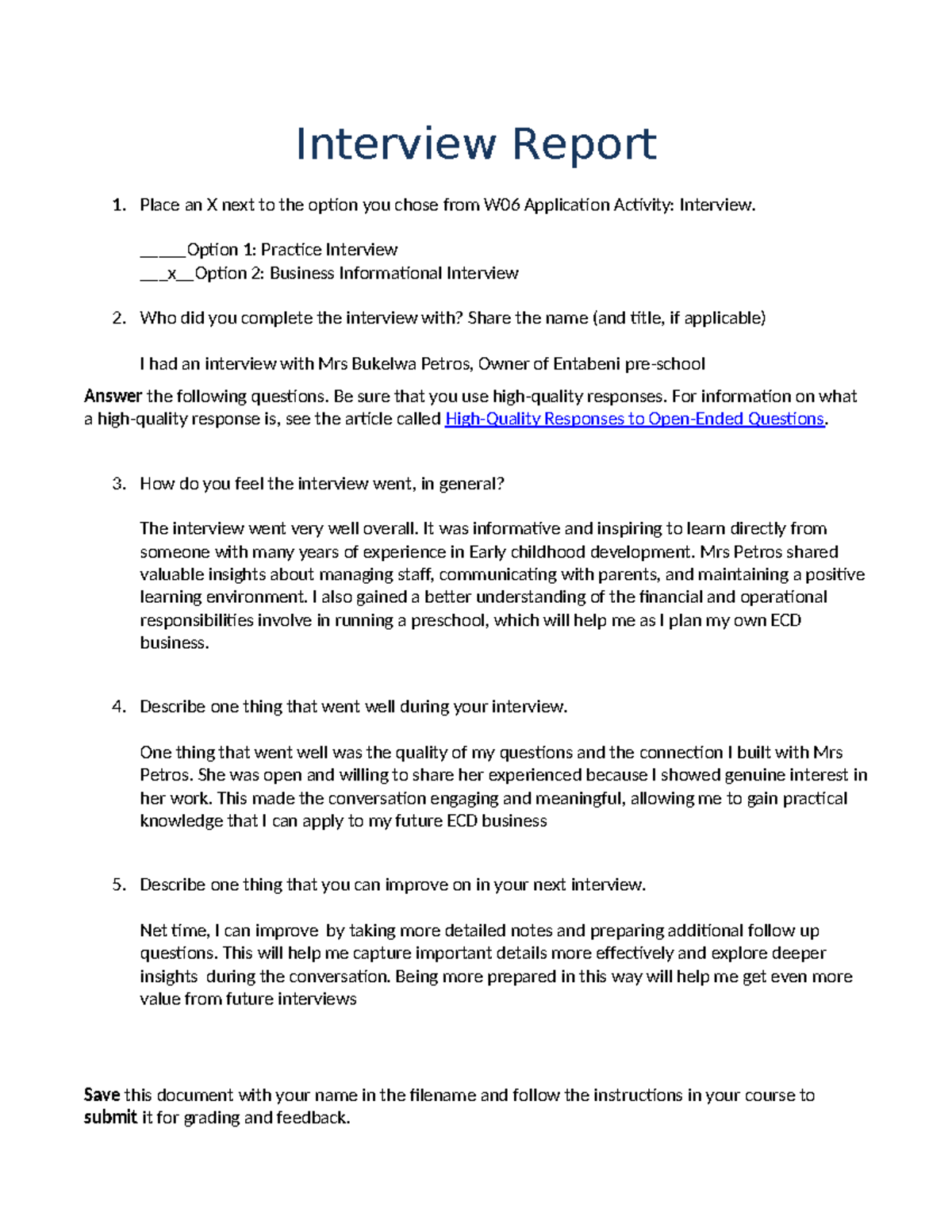 W06 Interview Report: Insights from Mrs. Bukelwa Petros on ECD - Studocu