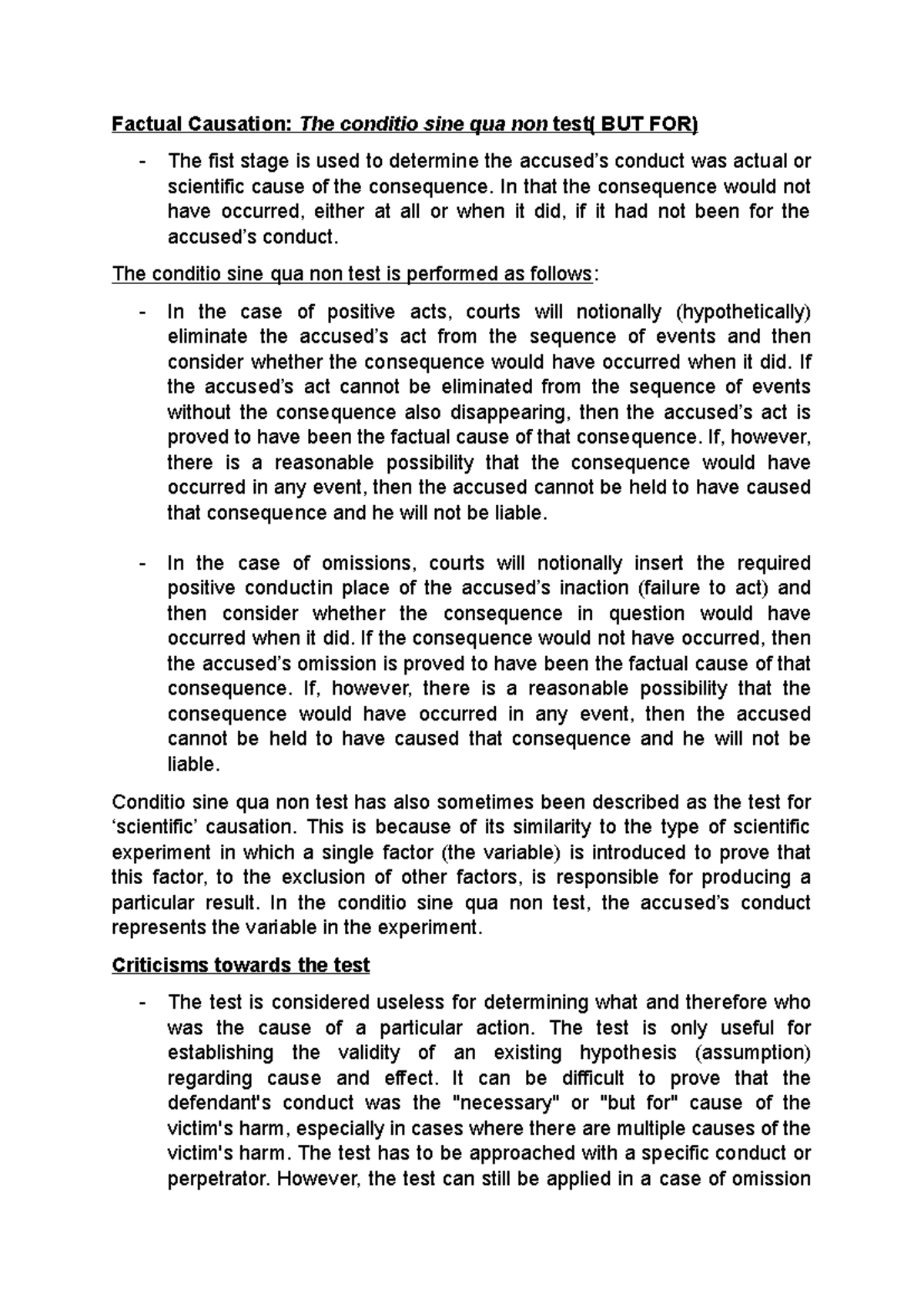 Causation in Criminal Law: Understanding the Conditio Sine Qua Non Test ...