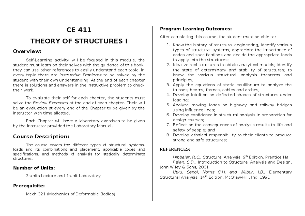 CE 411 Theory of Structures I: Comprehensive Module Overview - Studocu