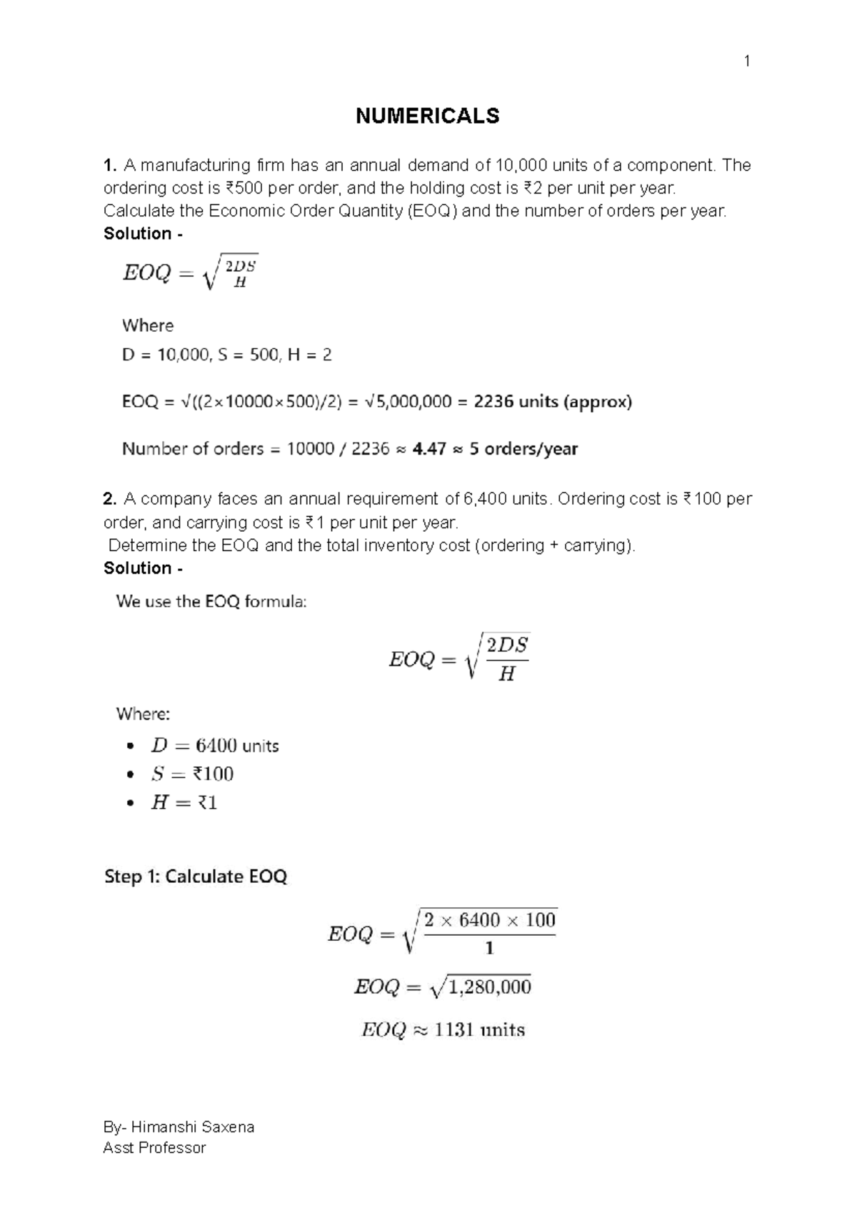 UNIT III-IV Numerical Problems & Solutions - Operations Management ...