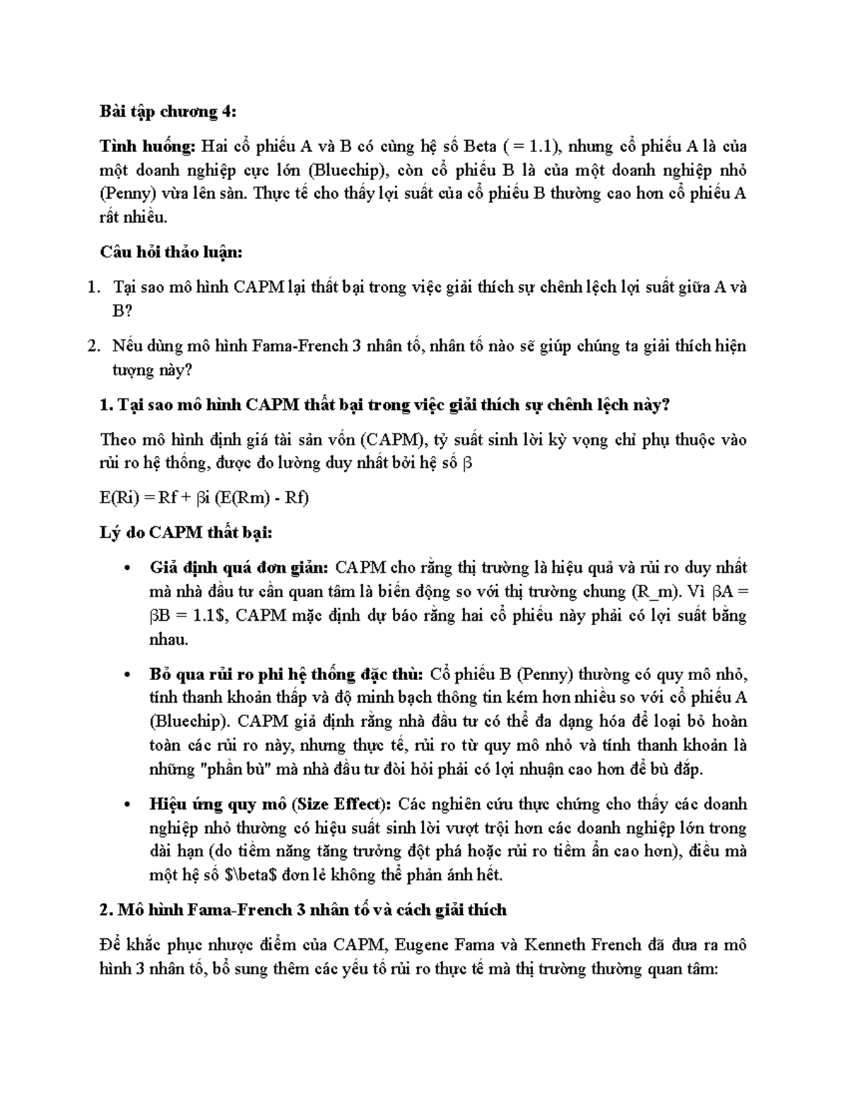 Bài tập chương 4: Phân tích sự khác biệt lợi suất giữa cổ phiếu A và B ...
