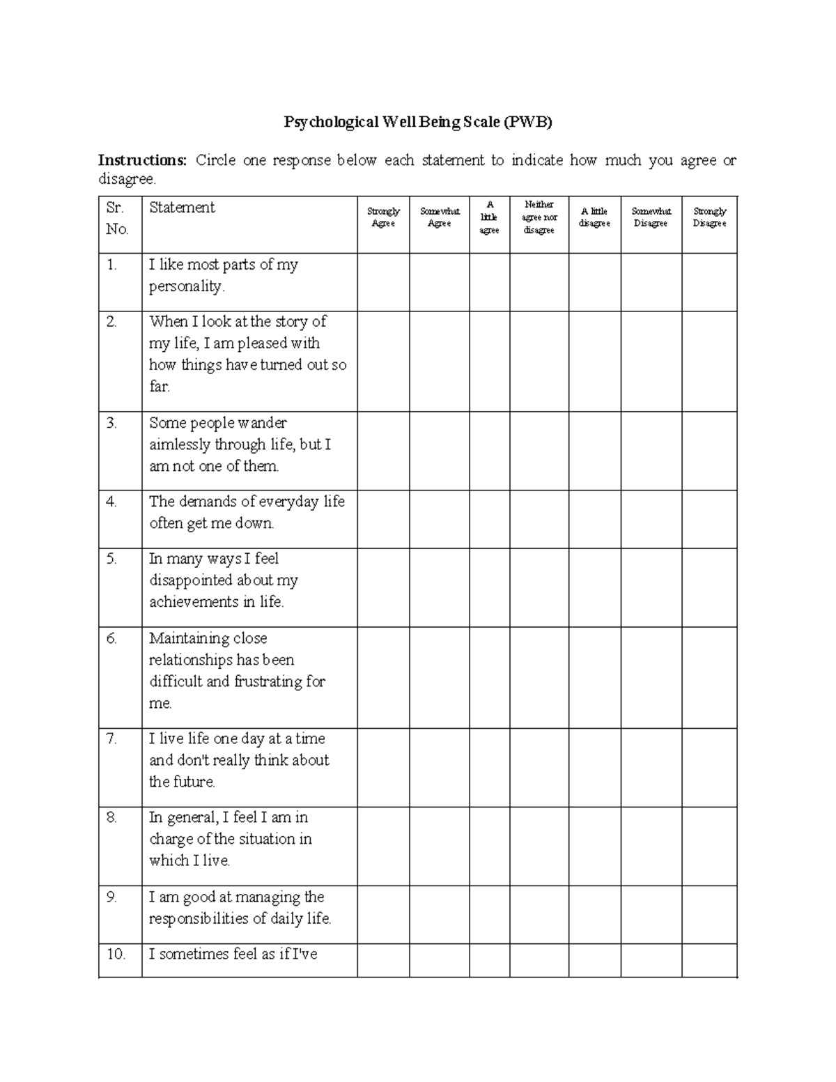 Psychological Well Being Scale (PWB) Assessment Instructions - Studocu