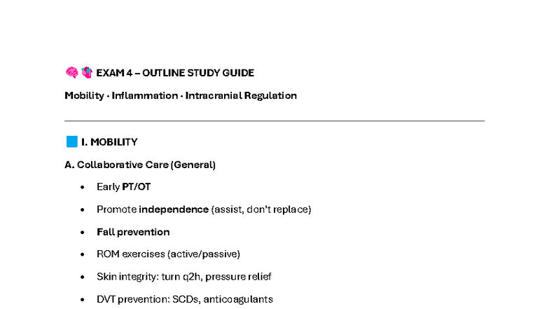 EXAM 4 STUDY GUIDE: Mobility, Inflammation & Intracranial Regulation ...
