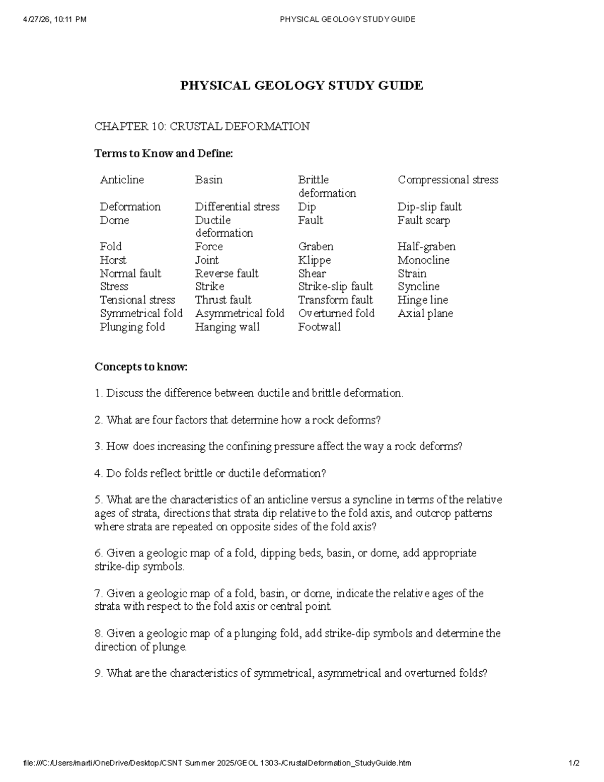 PHYSICAL GEOLOGY 10:11 PM STUDY GUIDE: CRUSTAL DEFORMATION - Studocu