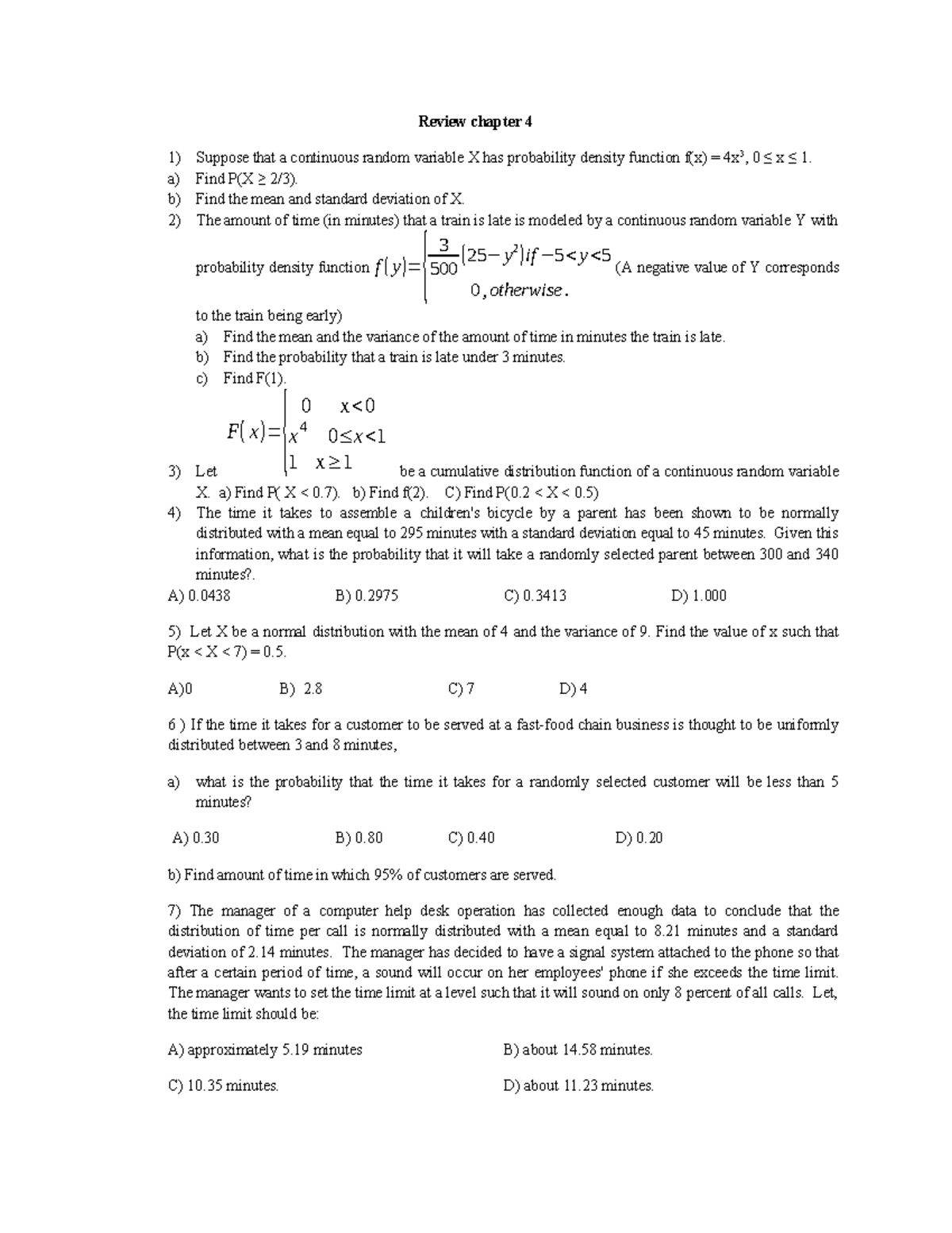 Review of Chapter 4: Continuous Random Variables and Distributions ...