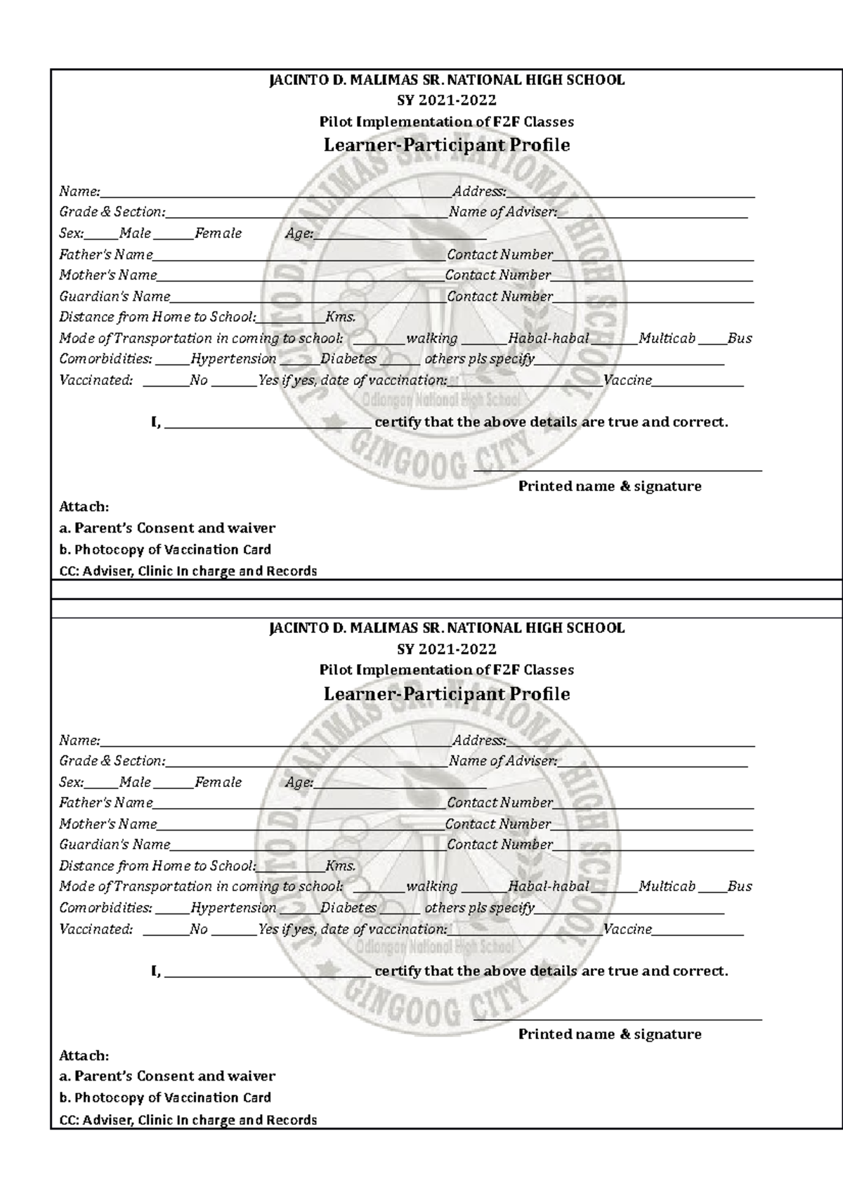 F2F Class Learner-Participant Profile Form for SY 2021-2022 - Studocu