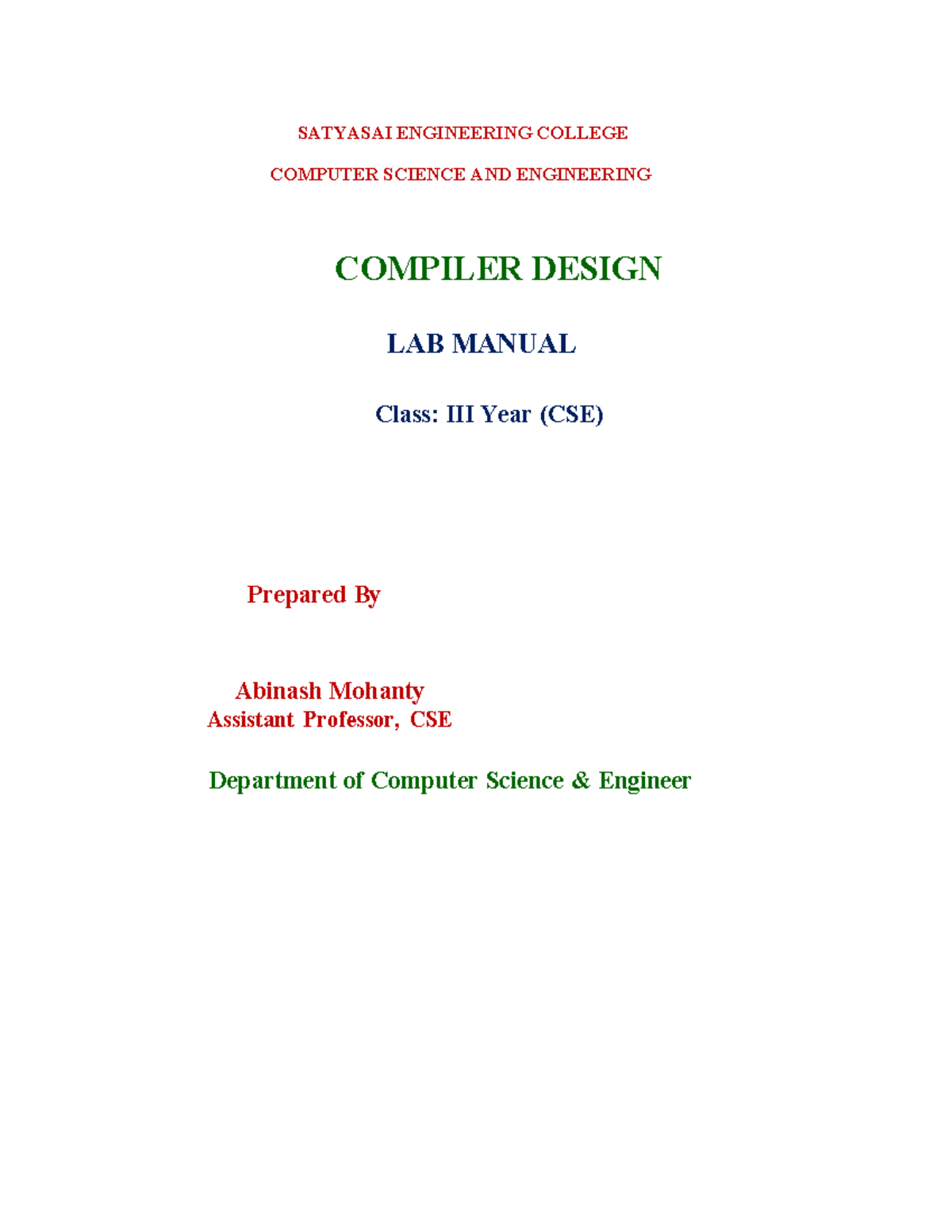 CSE 2023 Compiler Design Lab Manual - Experiments and Programs - Studocu